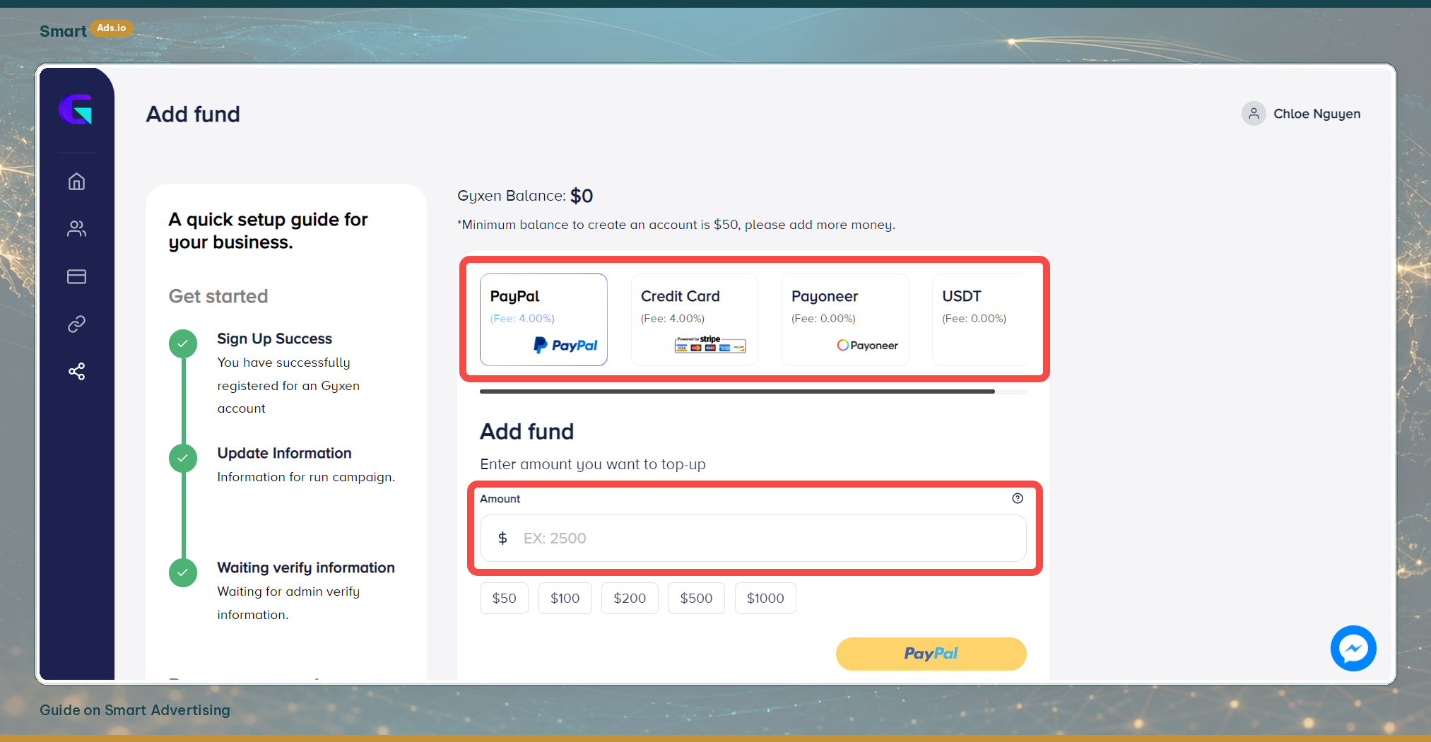 Step 4 — Company info and top-up